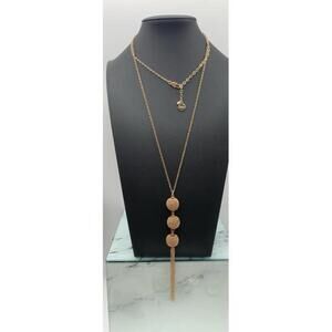 Chicos Boho Tassel Necklace Gold Tone Y Drop Ball Beads Dangle 30" Long Chico's